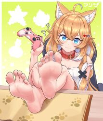 Rule 34 | 1girl, animal ears, barefoot, blue eyes, blush, controller, feet, game controller, highres, idol corp, long hair, looking at viewer, paw print, pochi wanmaru, sitting, smile, soles, table, toes, virtual youtuber