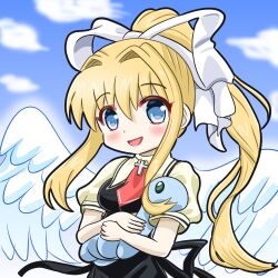 Rule 34 | 1girl, :d, air (visual novel), angel wings, ascot, blonde hair, blue eyes, blue sky, cloud, commentary request, kamio misuzu, kaneko (sakeinu), long hair, looking at viewer, open mouth, outdoors, ponytail, puffy short sleeves, puffy sleeves, red ascot, sauropod, short sleeves, sidelocks, sky, smile, solo, upper body, white wings, wings