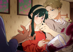 Rule 34 | 1girl, 2boys, bare shoulders, black hair, blonde hair, blue eyes, blush, brother and sister, collared shirt, couple, cup, drinking glass, food, food on face, highres, husband and wife, indoors, jealous, long sleeves, multiple boys, nervous smile, oekakisuru uni, off-shoulder sweater, off shoulder, out of frame, red eyes, red sweater, shirt, siblings, sidelocks, sitting, smile, spill, spilling, spy x family, sweatdrop, sweater, twilight (spy x family), yor briar, yuri briar