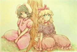 Rule 34 | 2girls, animal ears, arms at sides, between legs, black eyes, black hair, blonde hair, blouse, carrot necklace, colored pencil (medium), dress, expressionless, floppy ears, graphite (medium), grass, green eyes, grin, hair ribbon, hand between legs, head tilt, high collar, inaba tewi, indian style, kakera (comona base), looking at viewer, looking to the side, medicine melancholy, multiple girls, necklace, outdoors, pink dress, puffy short sleeves, puffy sleeves, purple shirt, rabbit ears, red neckwear, red skirt, ribbon, shirt, short hair, short sleeves, sitting, skirt, smile, touhou, traditional media, tree, under tree