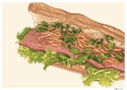 Rule 34 | bread, fajar kurniawan, food, food focus, highres, lettuce, meat, no humans, original, sandwich, signature, yellow background