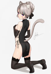 Rule 34 | 1girl, absurdres, alternate costume, animal ears, aoikito lavender086, ass, bare shoulders, black dress, black footwear, black gloves, black thighhighs, boots, cat ears, cat tail, commentary, dress, elbow gloves, facial mark, genshin impact, gloves, grey background, grey hair, highres, kneeling, looking at viewer, lynette (genshin impact), purple eyes, short dress, short hair, simple background, sleeveless, sleeveless dress, solo, star (symbol), tail, thighhighs