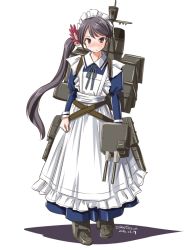 Rule 34 | 10s, 1girl, adapted costume, akebono (kancolle), alternate costume, apron, bell, cannon, dress, enmaided, flower, hair bell, hair flower, hair ornament, jingle bell, kantai collection, long hair, machinery, maid, maid apron, maid headdress, neck ribbon, purple eyes, purple hair, ribbon, side ponytail, smokestack, solo, tatsumi ray, torpedo, turret, very long hair