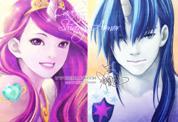 Rule 34 | 1boy, 1girl, artist name, blue eyes, blue hair, blue skin, character name, colored skin, horns, jewelry, lips, long hair, looking at viewer, multicolored hair, my little pony, parted lips, personification, cadance (my little pony), purple eyes, shining armor, signature, single horn, smile, two-tone hair, watermark, web address, zelda c wang, zelda wang