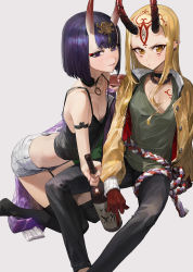 Rule 34 | 2girls, alternate costume, armlet, bare shoulders, black camisole, black legwear, black pants, blonde hair, blush, bob cut, bottle, breasts, buttons, camisole, choker, closed mouth, collarbone, contemporary, cup, detached collar, downpants, earrings, eyeliner, facial mark, fate/grand order, fate (series), green shirt, grey shorts, headpiece, highres, hip focus, horns, ibaraki douji (fate), jacket, jewelry, kneeling, long hair, looking at viewer, makeup, midriff, modare, multiple girls, necklace, oni, open clothes, open jacket, pants, purple eyes, purple hair, purple jacket, rope, sakazuki, sake bottle, shirt, short hair, shorts, shuten douji (fate), skin-covered horns, small breasts, smile, tattoo, thighhighs, thighs, yellow eyes, yellow jacket
