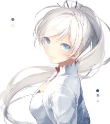 Rule 34 | 1girl, aqua eyes, artist request, blue eyes, cropped jacket, dress, high collar, long hair, ponytail, rooster teeth, rwby, side ponytail, smile, solo, tiara, weiss schnee, white hair, white theme