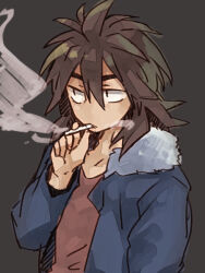 Rule 34 | 1boy, blue jacket, brown hair, cigarette, commentary request, eyebrows hidden by hair, fur-trimmed jacket, fur trim, grey background, hair between eyes, holding, holding cigarette, honey-cassis, isoi reiji, jacket, long sleeves, male focus, medium hair, open clothes, open jacket, red shirt, saibou shinkyoku, shirt, sketch, smoke, smoking, solo, thick eyebrows, upper body