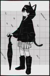 Rule 34 | 1boy, animal ears, boots, cat ears, commentary, fake animal ears, fake tail, full body, greyscale, hood, hood up, kneehighs, looking up, monochrome, omori, omori (omori), rain, raincoat, rubber boots, shionty, shorts, socks, solo, striped clothes, striped shorts, tail, umbrella