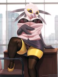 Rule 34 | 1girl, aggressive retsuko, alternate breast size, artist name, beak, bird girl, black bra, black panties, black thighhighs, body fur, bra, breasts, building, buttons, chair, cleft of venus, closed eyes, closed mouth, day, desk, female focus, furry, furry female, grey fur, grey skirt, hand up, high heels, highres, indoors, large breasts, leg up, lingerie, miniskirt, mole, mole under eye, multicolored fur, nipples, on desk, open clothes, open shirt, panties, pantyshot, patreon username, pencil skirt, pussy, see-through, see-through panties, shirt, shoes, skindentation, skirt, skyscraper, solo, thick thighs, thighhighs, thighs, thousandfoldfeathers, twitter username, underwear, upskirt, washimi (aggretsuko), watermark, web address, white fur, white shirt, window, yellow footwear, yellow fur