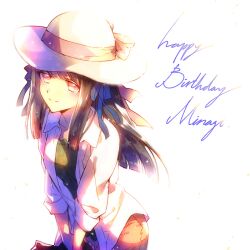 Rule 34 | 1girl, air (visual novel), alternate costume, black hair, blue ribbon, blunt ends, bow, casual, character name, chinese commentary, closed mouth, commentary, h sueun, hair ribbon, happy birthday, hat, hat bow, light blush, long hair, long sleeves, looking at viewer, red eyes, ribbon, shirt, simple background, smile, solo, split mouth, straight hair, toono minagi, upper body, v arms, white background, white headwear, white shirt