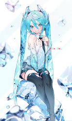 Rule 34 | 1girl, black footwear, black skirt, blue eyes, blue hair, boots, bukurote, hair between eyes, hand on own chest, hatsune miku, highres, ice, ice cube, long hair, looking at viewer, necktie, sitting, skirt, solo, thigh boots, thighhighs, torn boots, twintails, very long hair, vocaloid
