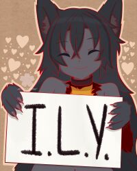Rule 34 | 1girl, absurdres, animal ear fluff, animal ears, animal hands, bare shoulders, black hair, claws, collar, colored skin, grey skin, hellhound (monster girl encyclopedia), highres, holding, holding sign, long hair, monster girl, monster girl encyclopedia, monster girl encyclopedia ii, non-web source, rozetzune, sign, simple background, solo, wolf ears, wolf girl