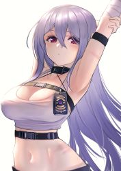 Rule 34 | 1girl, arm behind head, arm strap, armpits, arms up, azur lane, bandaged arm, bandages, belt, breasts, choker, cleavage, closed mouth, crop top, hair between eyes, highres, itaco, large breasts, long hair, looking at viewer, midriff, mole, mole under eye, multiple straps, navel, pants, police badge, red eyes, scar, shirt, sidelocks, silver hair, sleeveless, sleeveless shirt, solo, sovetskaya rossiya (azur lane), sovetskaya rossiya (the lackadaisical lookout) (azur lane), standing, stomach, stretching, tank top, upper body, very long hair, white tank top