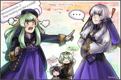 Rule 34 | !, ..., 1boy, 3girls, ?, artist name, beret, black hair, bracelet, byleth (fire emblem), byleth (male) (fire emblem), closed mouth, crown, dress, english text, family, father and daughter, fire emblem, fire emblem: three houses, flower, green eyes, green hair, hair flower, hair ornament, hat, husband and wife, jewelry, kari avalon, long hair, long sleeves, lysithea von ordelia, mini hat, mother&#039;s day, mother and daughter, multicolored background, multiple girls, nintendo, pink eyes, purple dress, short hair, siblings, sisters, veil, white hair
