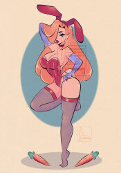 Rule 34 | 1girl, animal ears, arm behind head, breasts, carrot, choker, cleavage, collarbone, cresscin, disney, earrings, eyeshadow, fake animal ears, fake tail, food, gloves, green eyes, hair over one eye, hand on own hip, highres, jessica rabbit, jewelry, large breasts, leotard, long hair, looking at viewer, makeup, playboy bunny, purple gloves, rabbit ears, rabbit tail, red hair, red leotard, red lips, standing, standing on one leg, tail, thighhighs, who framed roger rabbit