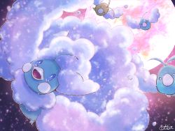 Rule 34 | altaria, alternate color, animal focus, artist name, backlighting, blue eyes, blush stickers, cotton (watakusa), creatures (company), dutch angle, fluffy, flying, full body, game freak, gen 3 pokemon, highres, light particles, midair, moon, night, nintendo, no humans, open mouth, outdoors, outline, pokemon, pokemon (creature), red moon, shiny and normal, shiny pokemon, signature, swablu, white outline