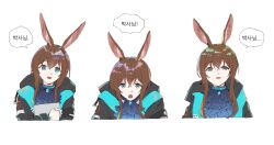 Rule 34 | 1girl, amiya (arknights), animal ears, arknights, ascot, black jacket, blue ascot, blue collar, blue eyes, collar, dal-gi, hair between eyes, highres, holding, jacket, jewelry, korean text, long sleeves, looking at viewer, material growth, multiple rings, multiple views, neck ring, open mouth, oripathy lesion (arknights), rabbit ears, rabbit girl, ring, simple background, smile, speech bubble, thumb ring, translation request, v-shaped eyebrows, white background