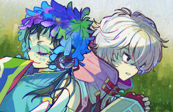 Rule 34 | 1boy, 1other, androgynous, blue eyes, blue hair, facepaint, facial mark, feathers, forehead mark, gnosia, green eyes, green hair, headphones, long hair, long sleeves, makeup, multicolored hair, other focus, raqio, remnan (gnosia), simple background, streaked hair, tattoo, toyama96, upper body, white hair