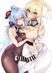 Rule 34 | 2girls, asymmetrical docking, bar censor, bodysuit, breast press, breasts, censored, cleavage, collar, cowbell, detached sleeves, erection, foreskin, futa with futa, futanari, ganyu (genshin impact), genshin impact, hair ribbon, hand on another&#039;s hip, highres, horns, hug, jean (genshin impact), large breasts, multiple girls, multiple penises, paintingbirad, pants, penis, penises touching, phimosis, ponytail, ribbon, testicles, topless, torn clothes