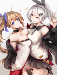 Rule 34 | 2girls, ;p, asymmetrical docking, black jacket, blonde hair, blue eyes, blush, bow, breast press, breasts, choker, cleavage, fal (girls&#039; frontline), fingernails, five-seven (girls&#039; frontline), girls&#039; frontline, grey hair, hair bow, hand on own chest, heart, highres, jacket, lace, lace choker, long tail, marche mk14, medium breasts, multiple girls, notice lines, off shoulder, one eye closed, ponytail, purple bow, shirt, smile, spaghetti strap, strap slip, symmetrical docking, tail, thighhighs, thighs, tongue, tongue out, v, white background, white shirt
