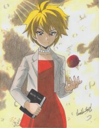 Rule 34 | 2022, absurdres, animification, apple, blonde hair, book, coat, collarbone, death note, death note (object), death tome, dress, food, fruit, highres, holding, holding book, jewelry, lisa simpson, necklace, notebook, orange dress, ravernclouk design, short hair, simple background, smile, the simpsons, traditional media, treehouse of horror, white coat