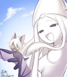 Rule 34 | 2girls, akira (meltyhip), black eyes, breasts, colored skin, female focus, flying, giant, giantess, monster girl, multiple girls, no nipples, open mouth, original, outdoors, size difference, small breasts, tentacles, tentacle hair, twitter username, white hair, white skin, wings, yellow eyes