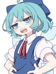 Rule 34 | 1girl, absurdres, blue bow, blue dress, blue eyes, blue hair, blush stickers, bow, cirno, collared shirt, detached wings, dress, fairy, hair bow, hands on own hips, highres, ice, ice wings, kame (kamepan44231), open mouth, pinafore dress, shirt, short hair, short sleeves, simple background, sleeveless, sleeveless dress, solo, touhou, upper body, white background, white shirt, wings