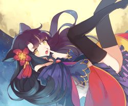 Rule 34 | 1girl, alternate costume, animal ears, ass, bare shoulders, black hair, black thighhighs, brooch, dress, flower, full moon, hair flower, hair ornament, hand on own face, imaizumi kagerou, jewelry, knees up, long hair, long sleeves, looking at viewer, lying, moon, night, night sky, on back, open mouth, parody, pleated dress, reeh (yukuri130), sky, solo, strapless, strapless dress, tassel, thighhighs, touhou, wolf ears, yellow eyes