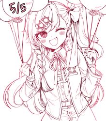 Rule 34 | 1girl, ;d, balloon, blush, bow, character name, collared shirt, commentary request, dated, fang, girls&#039; frontline, gloves, hair between eyes, hair bow, hair ornament, hairclip, hands up, highres, holding, holding balloon, jacket, long hair, long sleeves, looking at viewer, menna (0012), monochrome, negev (girls&#039; frontline), one eye closed, one side up, open mouth, shirt, signature, simple background, skirt, smile, solo, very long hair, white background