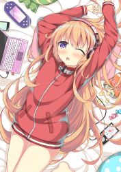 Rule 34 | 10s, 1girl, akae neo, barefoot, blonde hair, blue eyes, blush, candy, cellphone, chips (food), computer, digital media player, food, from above, gabriel dropout, gabriel tenma white, handheld game console, highres, jacket, laptop, long hair, long sleeves, looking at viewer, lying, on back, phone, playstation vita, smartphone, solo, stretching, tears, track jacket, very long hair