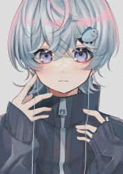 1girl absurdres amaharashi_34 bad_id bad_pixiv_id black_jacket blush earbuds earphones fish_hair_ornament frown hair_ornament hairclip highres jacket long_sleeves looking_at_viewer original purple_eyes short_hair silver_hair wire