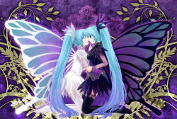Rule 34 | 2girls, aqua hair, black vs white, butterfly wings, dual persona, hatsune miku, insect wings, kneeling, long hair, multiple girls, selfcest, thighhighs, twintails, very long hair, vocaloid, wings, yuri, yutu