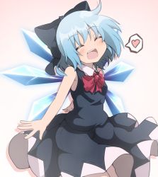 Rule 34 | 1girl, \||/, ^ ^, blue bow, blue dress, blue hair, blush, bow, cirno, closed eyes, cowboy shot, do (4-rt), dress, fairy, gradient background, hair between eyes, hair bow, happy, heart, highres, ice, ice wings, open mouth, outstretched arms, sleeveless, sleeveless dress, smile, solo, speech bubble, spoken heart, touhou, wing collar, wings