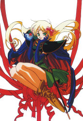 Rule 34 | 1990s (style), 1girl, blonde hair, blue gloves, boots, bow, candy, cape, chocolate, chocolate heart, deedlit, elbow gloves, floating hair, food, gift, gloves, green eyes, green hair, hair bow, hand on own cheek, hand on own face, heart, highres, holding, holding gift, ishida atsuko, legs together, long hair, looking at viewer, non-web source, official art, pointy ears, record of lodoss war, retro artstyle, ribbon, sheath, sheathed, simple background, skirt, smile, solo, sword, weapon, white background, yuuki nobuteru