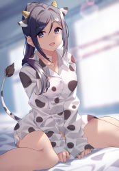 Rule 34 | 1girl, absurdres, animal ears, blue hair, blush, breasts, cow, cow ears, cow girl, cow horns, cow tail, hair ornament, highres, horns, long hair, looking at viewer, love live!, love live! sunshine!!, matsuura kanan, medium breasts, open mouth, ponytail, purple eyes, sitting, smile, solo, tail, thighhighs, wariza, yamaori (yamaorimon)