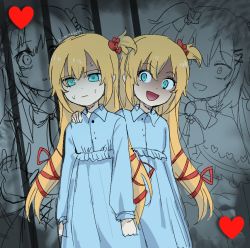 Rule 34 | 2girls, aged down, akai haato, artist name, blonde hair, blue dress, child, clenched hands, collared dress, dress, dual persona, empty eyes, grey background, hair ornament, hair ribbon, hand on another&#039;s shoulder, heart, heart hair ornament, himuhino, hololive, looking at another, looking at viewer, multiple girls, nervous, open mouth, prison, ribbon, siblings, simple background, sisters, sketch, sweat, the shining, virtual youtuber