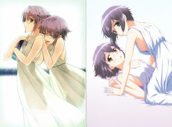 Rule 34 | 10s, 2girls, absurdres, bare shoulders, book, breasts, dress, dual persona, expressionless, girl on top, glasses, hands on another&#039;s shoulders, highres, holding, holding book, looking at viewer, lying, multiple girls, multiple persona, nagato yuki, nagato yuki-chan no shoushitsu, no bra, official art, on back, open mouth, purple hair, scan, see-through silhouette, short hair, sideboob, simple background, sleeveless, sleeveless dress, small breasts, sundress, suzumiya haruhi no shoushitsu, suzumiya haruhi no yuuutsu