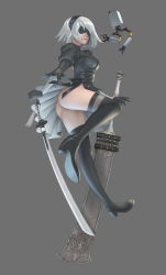 Rule 34 | 1girl, absurdres, ass, backless dress, backless outfit, black dress, black footwear, black gloves, black hairband, black ribbon, black thighhighs, blindfold, boots, breasts, broadsword, chain, covered eyes, dress, drone, floating, from side, full body, gloves, greatsword, grey background, groin, hairband, high heel boots, high heels, highleg, highleg leotard, highres, huge weapon, juliet sleeves, katana, leotard, long sleeves, machinery, mawa setiawan, medium breasts, nier (series), nier:automata, no mole, nose, parted lips, pink lips, pod (nier:automata), puffy sleeves, ribbon, ribbon-trimmed dress, ribbon trim, robot, short dress, short hair, side slit, silver hair, simple background, solo, sword, tassel, thigh boots, thighhighs, thong, thong leotard, vambraces, weapon, white leotard, wind, wind lift, 2b (nier:automata)