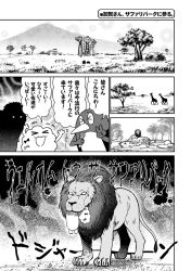 Rule 34 | &gt; &lt;, 10s, bow, comic, eating, closed eyes, failure penguin, giraffe, greyscale, hair bow, holding, holding microphone, kantai collection, lion, lion tail, microphone, miss cloud, monochrome, mountain, savannah, tail, tamago (yotsumi works), translation request, tree, v