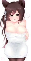 Rule 34 | 1girl, :d, absurdres, animal ears, atago (azur lane), azur lane, bad id, bad pixiv id, bare shoulders, black pantyhose, blush, breast hold, breasts, brown eyes, brown hair, cat ears, cleavage, collarbone, commentary request, dress, fang, hair ribbon, heart, highres, large breasts, leaning forward, long hair, long sleeves, looking at viewer, mole, mole under eye, off-shoulder, off-shoulder sweater, off shoulder, open mouth, pantyhose, ribbon, signature, smile, solo, sweater, sweater dress, tachibanami gutsu, very long hair, white background, white ribbon, white sweater