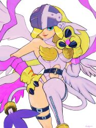 Rule 34 | 1girl, analog boy02, angel, angel girl, angel wings, angewomon, belt, blonde hair, blue eyes, bodysuit, breasts, claws, digimon, digimon (creature), fang, female focus, gloves, hair over one eye, hand on own hip, helmet, highres, large breasts, long hair, looking at viewer, mask, ribbon, smile, solo, tailmon, thigh strap, white background, white bodysuit, winged helmet, wings, yellow gloves