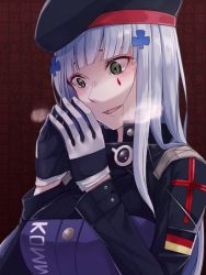 Rule 34 | 1girl, @ @, beret, blunt bangs, blush, breasts, breath, clothes writing, facial mark, fingers together, german flag, girls&#039; frontline, gloves, green eyes, hair in own mouth, hair ornament, hands up, hat, hiruno, hk416 (girls&#039; frontline), jacket, long hair, looking at hands, open mouth, silver hair, solo, teardrop, upper body, very long hair, yandere