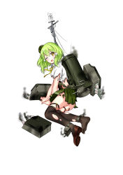 Rule 34 | 1girl, ankle strap, bad id, bad pixiv id, black thighhighs, blush, cannon, corset, damaged, garter straps, green hair, hair ribbon, hat, looking at viewer, machinery, mast, mini hat, new orleans (warship girls r), official art, open mouth, pleated skirt, radar, ribbon, shirt, shoes, short hair, simple background, single shoe, skirt, smoke, solo, thigh strap, thighhighs, torn clothes, torn shirt, torn skirt, torn thighhighs, tress ribbon, turret, warship girls r, white background, wince, yellow eyes, zhenming