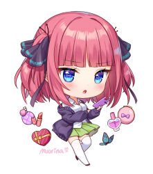Rule 34 | 1girl, :o, artist name, black ribbon, blue eyes, blunt bangs, blush, bottle, bow, box, bug, butterfly, butterfly hair ornament, cellphone, chibi, collared shirt, commentary, compact (cosmetics), cosmetics, english commentary, eyelashes, full body, go-toubun no hanayome, green skirt, hair ornament, hair ribbon, hand up, heart, heart-shaped box, holding, holding phone, insect, jacket, lipstick tube, long sleeves, looking at viewer, medium hair, moorina, nail polish bottle, nakano nino, off shoulder, open clothes, open jacket, open mouth, perfume bottle, phone, pink bow, pink hair, pleated skirt, purple jacket, ribbon, shirt, sidelocks, signature, simple background, skirt, smartphone, smartphone case, solo, thighhighs, two side up, v-shaped eyebrows, white background, white shirt, white thighhighs, wing collar