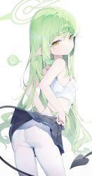 Rule 34 | 1girl, absurdres, ass, black skirt, black tail, blue archive, blush, breasts, closed mouth, cowboy shot, demon tail, green hair, green halo, halo, highres, hikari (blue archive), long hair, looking at viewer, meunhongcha, pantyhose, pleated skirt, pointy ears, simple background, skirt, small breasts, solo, tail, white background, white pantyhose, yellow eyes