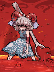 Rule 34 | 1girl, arm up, blood, blue dress, breasts, commentary request, curled horns, detached sleeves, dress, earrings, feet out of frame, grin, highres, holding, holding spoon, horns, jewelry, kurachi mizuki, leaning forward, looking at viewer, meandros, medium bangs, medium hair, oversized object, patterned clothing, pointy ears, pool of blood, red background, red eyes, red horns, red sleeves, shaded face, sharp teeth, sleeveless, sleeveless dress, small breasts, smile, solo, spoon, teeth, touhou, toutetsu yuuma, v-shaped eyebrows, wading