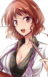 Rule 34 | 1girl, blazer, breasts, cleavage, drumsticks, female focus, highres, horikawa raiko, jacket, large breasts, lips, looking at viewer, open jacket, open clothes, open jacket, red eyes, red hair, shirt, smile, solo, touhou, upper body, y2