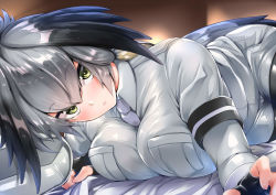 Rule 34 | 1girl, amasora taichi, bed sheet, between breasts, bird tail, black gloves, black hair, black pantyhose, blonde hair, breast pocket, breasts, closed mouth, collared shirt, fingerless gloves, gloves, green eyes, grey hair, grey shirt, grey shorts, hair between eyes, impossible clothes, impossible shirt, indoors, kemono friends, large breasts, layered sleeves, long sleeves, looking at viewer, low ponytail, lying, medium hair, multicolored hair, necktie, necktie between breasts, on side, on stomach, outstretched arm, pantyhose, pantyhose under shorts, pillow, pocket, purple necktie, reaching, reaching towards viewer, shirt, shoebill (kemono friends), short over long sleeves, short sleeves, shorts, side ponytail, solo, tail, twisted torso, wing collar