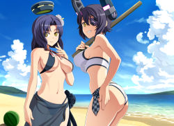 Rule 34 | 10s, 2girls, ass, bare shoulders, beach, bikini, black hair, blue sky, breasts, checkered clothes, checkered necktie, checkered neckwear, cloud, day, eyepatch, flower, food, fruit, grin, hair intakes, halo, headgear, hibiscus, kantai collection, looking at viewer, looking back, mechanical halo, medium breasts, multiple girls, nanashino, navel, necktie, outdoors, purple hair, sand, sarong, short hair, sideboob, sky, smile, standing, stick, swimsuit, tatsuta (kancolle), tenryuu (kancolle), water, watermelon, yellow eyes