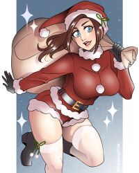Rule 34 | 1girl, belt, blue eyes, blush, breasts, brown hair, christmas, claire redfield, dangerousbride, fur trim, gift, gloves, hat, highres, large breasts, long hair, looking at viewer, resident evil, resident evil 2, resident evil 2 (remake), sack, santa costume, santa hat, simple background, smile, solo